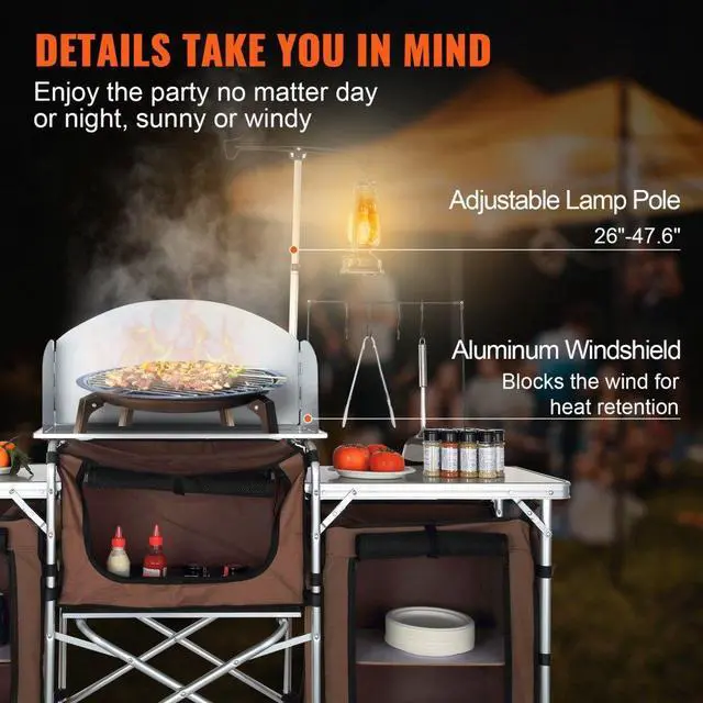 Alt view image 5 of 7 - VEVOR Camping Kitchen Table, Folding Outdoor Cooking Table with Storage Carrying Bag, Aluminum Cook Station 3 Cupboard & Detachable Windscreen, Quick Set-up for Picnics, BBQ, RV Traveling, Brown