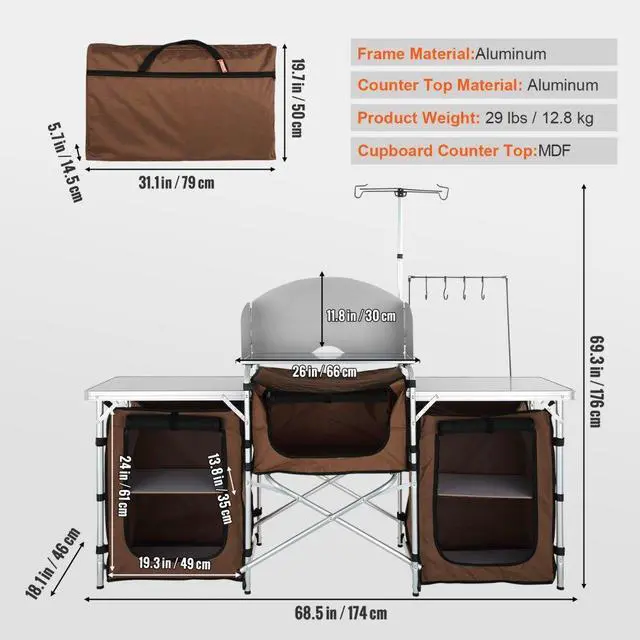 Alt view image 7 of 7 - VEVOR Camping Kitchen Table, Folding Outdoor Cooking Table with Storage Carrying Bag, Aluminum Cook Station 3 Cupboard & Detachable Windscreen, Quick Set-up for Picnics, BBQ, RV Traveling, Brown