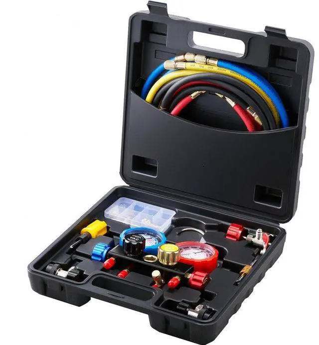 Main image of VEVOR 4 Way AC Gauge - AC Manifold Gauge Set for R134A R22 R12 R410A Refrigerant, Freon Gauges with 5ft Hoses, Couplers, Can Tap Works on Car Auto Freon Charging and Evacuation