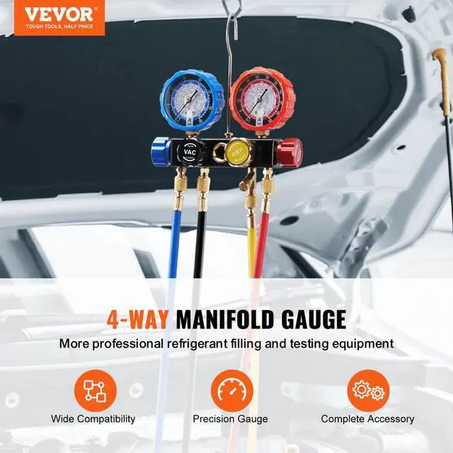 Alt view image 2 of 7 - VEVOR 4 Way AC Gauge - AC Manifold Gauge Set for R134A R22 R12 R410A Refrigerant, Freon Gauges with 5ft Hoses, Couplers, Can Tap Works on Car Auto Freon Charging and Evacuation