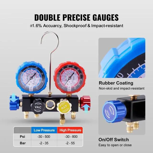 Alt view image 5 of 7 - VEVOR 4 Way AC Gauge - AC Manifold Gauge Set for R134A R22 R12 R410A Refrigerant, Freon Gauges with 5ft Hoses, Couplers, Can Tap Works on Car Auto Freon Charging and Evacuation