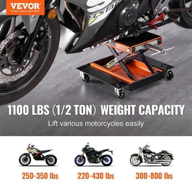 Alt view image 2 of 7 - VEVOR Motorcycle Lift, 1100 LBS Motorcycle Lift ATV Scissor Lift Jack with Dolly & Hand Crank, Center Hoist Crank Stand with Wide Deck & Tool Tray for Street Bikes, Cruiser Bikes, Touring Motorcycles