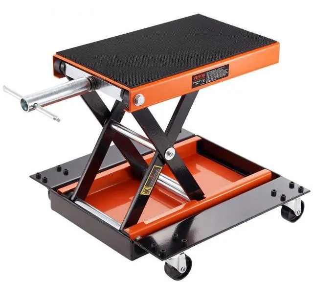 Main image of VEVOR Motorcycle Lift, 1100 LBS Motorcycle Lift ATV Scissor Lift Jack with Dolly & Hand Crank, Center Hoist Crank Stand with Wide Deck & Tool Tray for Street Bikes, Cruiser Bikes, Touring Motorcycles
