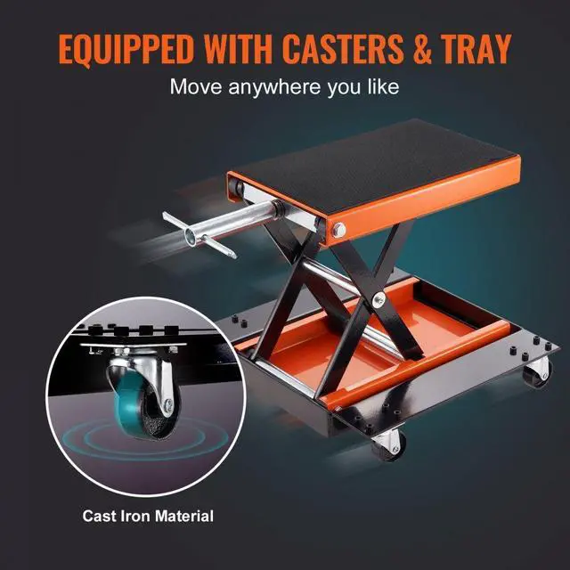 Alt view image 3 of 7 - VEVOR Motorcycle Lift, 1100 LBS Motorcycle Lift ATV Scissor Lift Jack with Dolly & Hand Crank, Center Hoist Crank Stand with Wide Deck & Tool Tray for Street Bikes, Cruiser Bikes, Touring Motorcycles