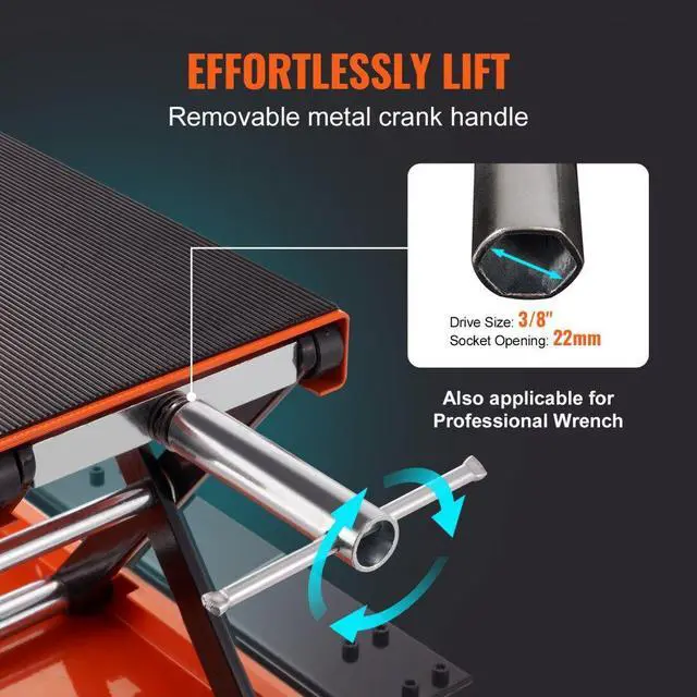 Alt view image 5 of 7 - VEVOR Motorcycle Lift, 1100 LBS Motorcycle Lift ATV Scissor Lift Jack with Dolly & Hand Crank, Center Hoist Crank Stand with Wide Deck & Tool Tray for Street Bikes, Cruiser Bikes, Touring Motorcycles