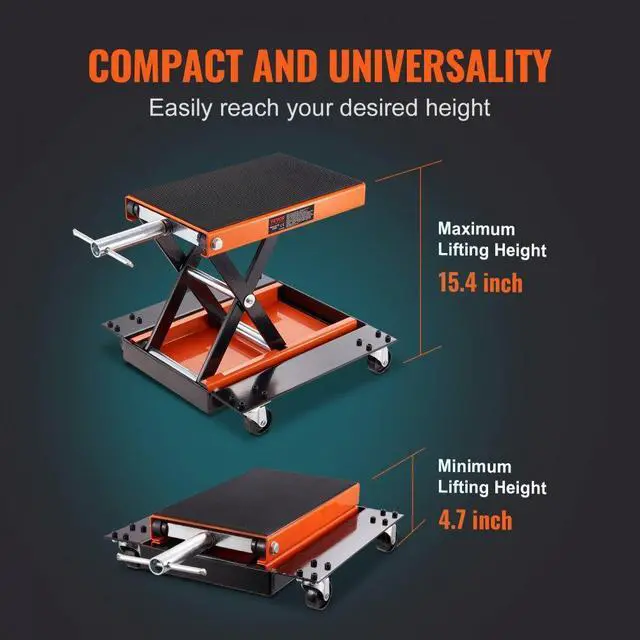 Alt view image 6 of 7 - VEVOR Motorcycle Lift, 1100 LBS Motorcycle Lift ATV Scissor Lift Jack with Dolly & Hand Crank, Center Hoist Crank Stand with Wide Deck & Tool Tray for Street Bikes, Cruiser Bikes, Touring Motorcycles