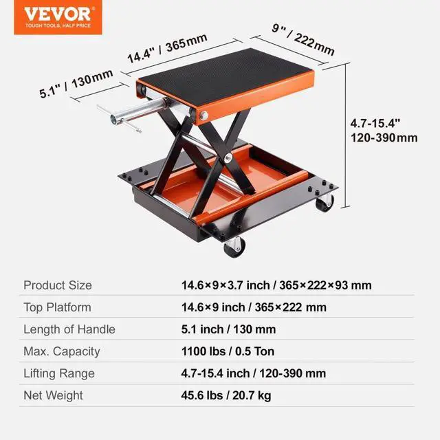 Alt view image 7 of 7 - VEVOR Motorcycle Lift, 1100 LBS Motorcycle Lift ATV Scissor Lift Jack with Dolly & Hand Crank, Center Hoist Crank Stand with Wide Deck & Tool Tray for Street Bikes, Cruiser Bikes, Touring Motorcycles