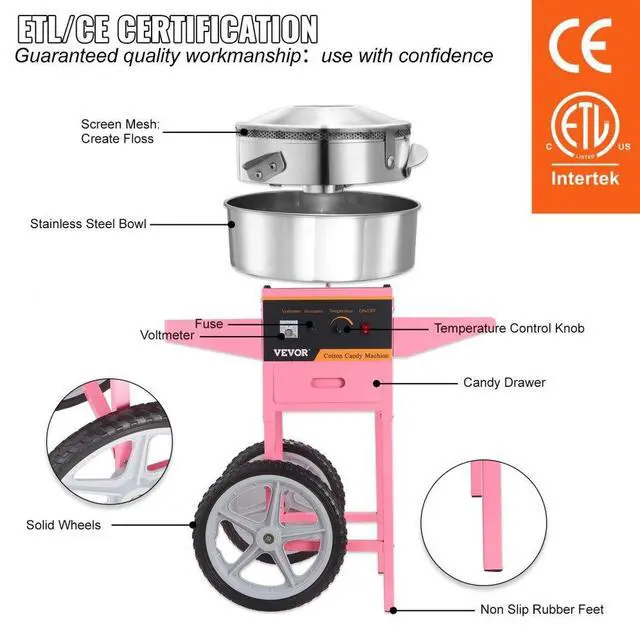 Alt view image 4 of 14 - VEVOR Electric Cotton Candy Machine with Cart, 1000W Commercial Floss Maker with Stainless Steel Bowl, Sugar Scoop and Drawer, Perfect for Home, Kids Birthday, Family Party, Pink