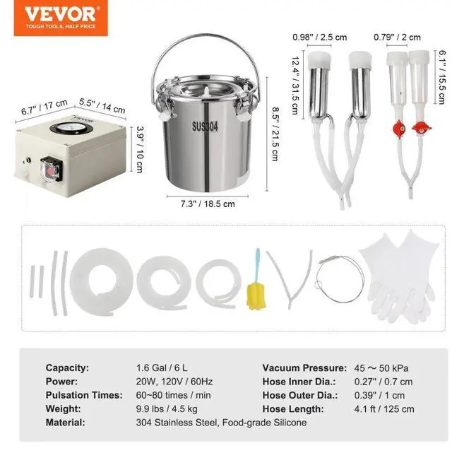 Alt view image 7 of 7 - VEVOR Goat Milking Machine, 6 L 304 Stainless Steel Bucket, Electric Automatic Pulsation Vacuum Milker, Portable Milker with Food-grade Silicone Cups and Tubes, Adjustable Suction for Cows and Sheep
