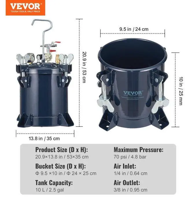 Alt view image 7 of 7 - VEVOR 10L/2.5gal Spray Paint Pressure Pot Tank,  70PSI Max Air Paint Pressure Pot, Metal Rack and Leak Repair Sealant for Industry Home Decor Architecture Construction Automotive Painting