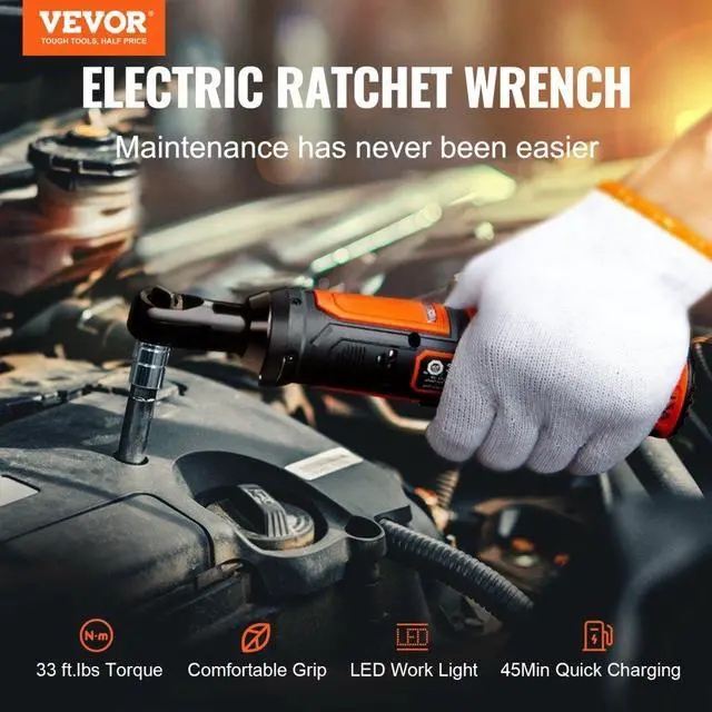 Alt view image 2 of 7 - VEVOR 3/8" Cordless Electric Ratchet Wrench Set, 12V 33 Ft-lbs Power Ratchet Tool Kit, 45-Min Fast Charge, 2-Pack 2.0Ah Battery, Built-in LED Light, Variable Speed Trigger, 10 Sockets