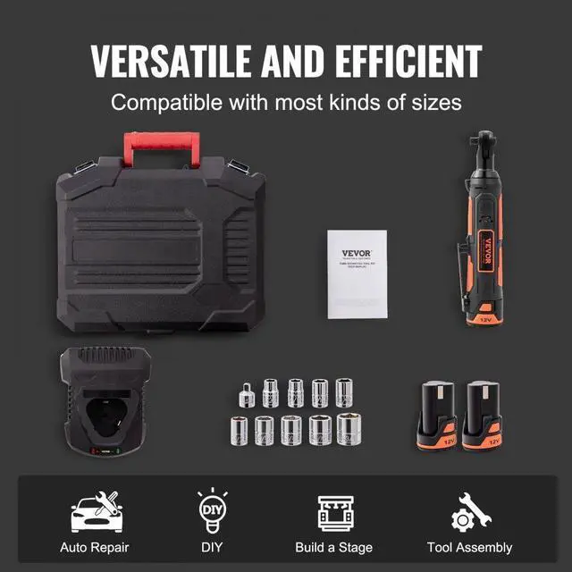 Alt view image 4 of 7 - VEVOR 3/8" Cordless Electric Ratchet Wrench Set, 12V 33 Ft-lbs Power Ratchet Tool Kit, 45-Min Fast Charge, 2-Pack 2.0Ah Battery, Built-in LED Light, Variable Speed Trigger, 10 Sockets
