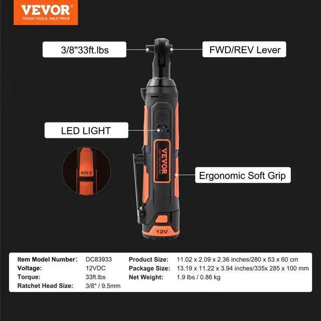 Alt view image 7 of 7 - VEVOR 3/8" Cordless Electric Ratchet Wrench Set, 12V 33 Ft-lbs Power Ratchet Tool Kit, 45-Min Fast Charge, 2-Pack 2.0Ah Battery, Built-in LED Light, Variable Speed Trigger, 10 Sockets