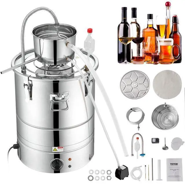 Main image of VEVOR Alcohol Still, 15 Gal 50L Water Alcohol Distiller, Home Distillery Kit include Stainless Steel Tube & Pump & One-way Exhaust Valve & Thermometer (30-120 ) for DIY Whisky Wine Brandy, Silver