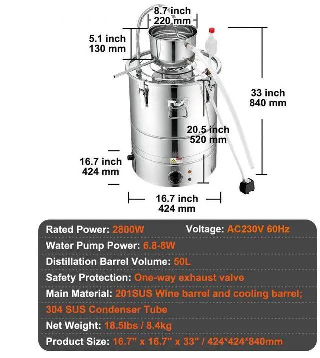 Alt view image 7 of 14 - VEVOR Alcohol Still, 15 Gal 50L Water Alcohol Distiller, Home Distillery Kit include Stainless Steel Tube & Pump & One-way Exhaust Valve & Thermometer (30-120 ) for DIY Whisky Wine Brandy, Silver