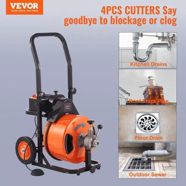 Alt view image 2 of 7 - VEVOR Drain Cleaning Machine 75 FT x 1/2 Inch, Sewer Snake Machine Auto Feed, Drain Auger Cleaner with 4 Cutter & Air-Activated Foot Switch for 1" to 4" Pipes