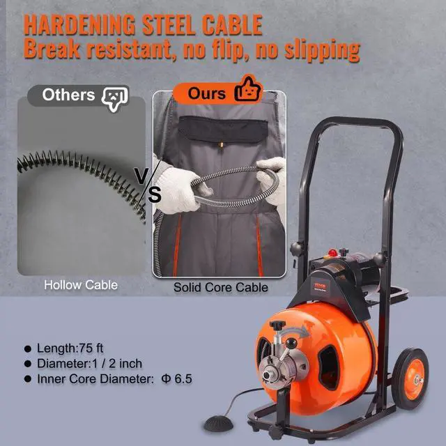 Alt view image 3 of 7 - VEVOR Drain Cleaning Machine 75 FT x 1/2 Inch, Sewer Snake Machine Auto Feed, Drain Auger Cleaner with 4 Cutter & Air-Activated Foot Switch for 1" to 4" Pipes