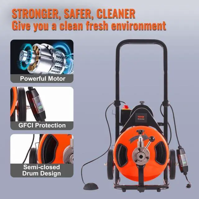 Alt view image 6 of 7 - VEVOR Drain Cleaning Machine 75 FT x 1/2 Inch, Sewer Snake Machine Auto Feed, Drain Auger Cleaner with 4 Cutter & Air-Activated Foot Switch for 1" to 4" Pipes