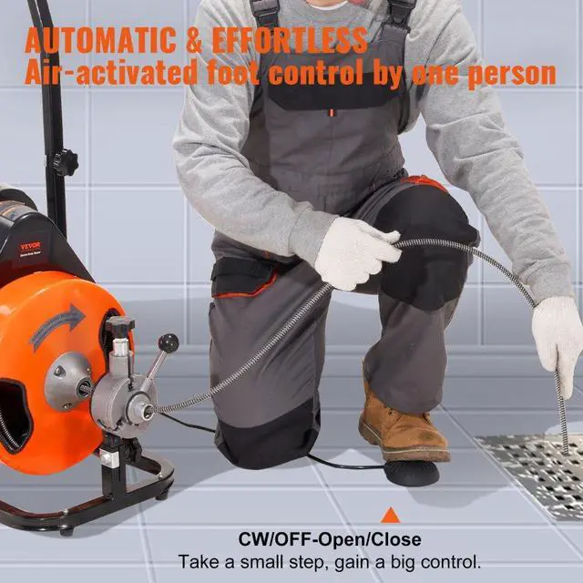 Alt view image 4 of 14 - VEVOR Drain Cleaning Machine 75FT x 3/8 Inch, Sewer Snake Machine Auto Feed, Drain Auger Cleaner with 4 Cutter & Air-Activated Foot Switch for 1" to 4" Pipes