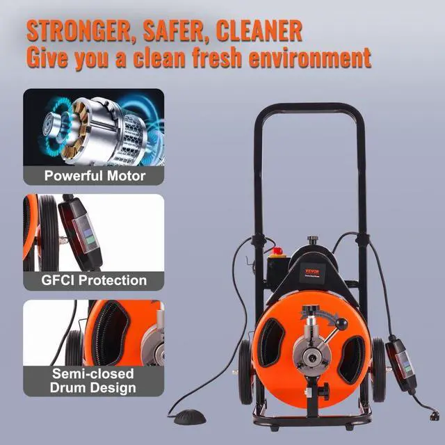Alt view image 6 of 14 - VEVOR Drain Cleaning Machine 50 FT x 3/8 Inch, Sewer Snake Machine Auto Feed, Drain Auger Cleaner with 4 Cutter & Air-Activated Foot Switch for 1" to 4" Pipes