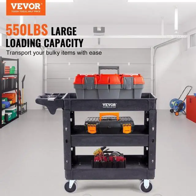 Alt view image 2 of 7 - VEVOR Utility Service Cart, 3 Shelf 550LBS Heavy Duty Plastic Rolling Utility Cart with 360° Swivel Wheels (2 with Brakes), Medium Lipped Shelf, Ergonomic Storage Handle for Warehouse/Garage/Cleaning
