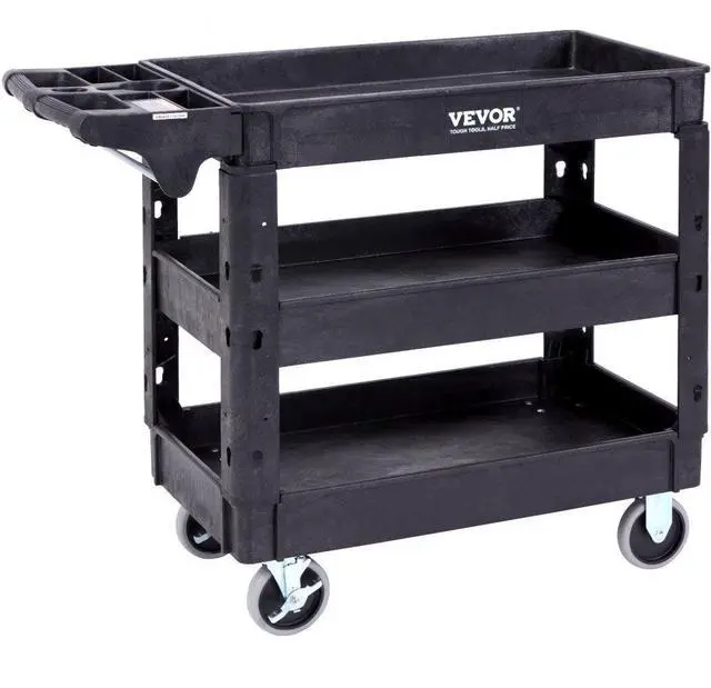Main image of VEVOR Utility Service Cart, 3 Shelf 550LBS Heavy Duty Plastic Rolling Utility Cart with 360° Swivel Wheels (2 with Brakes), Medium Lipped Shelf, Ergonomic Storage Handle for Warehouse/Garage/Cleaning