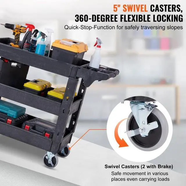 Alt view image 3 of 7 - VEVOR Utility Service Cart, 3 Shelf 550LBS Heavy Duty Plastic Rolling Utility Cart with 360° Swivel Wheels (2 with Brakes), Medium Lipped Shelf, Ergonomic Storage Handle for Warehouse/Garage/Cleaning