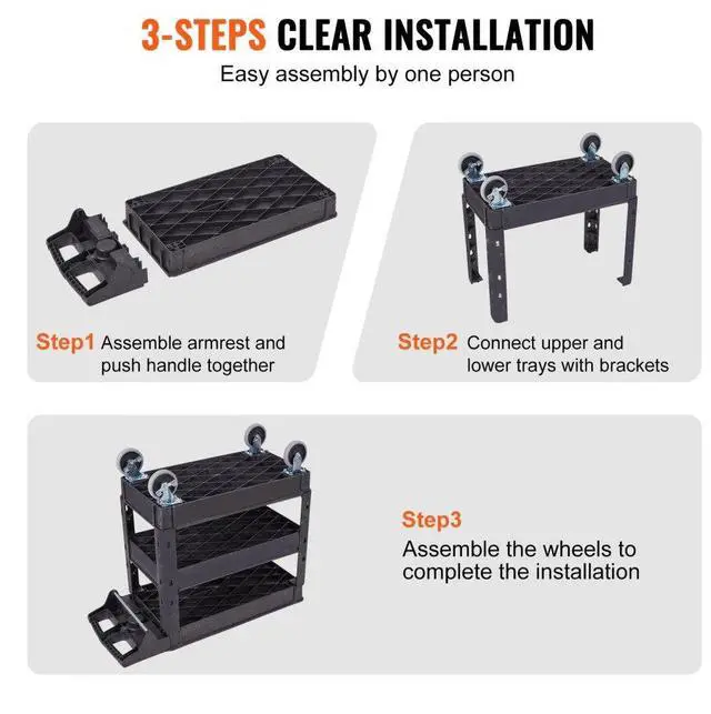 Alt view image 6 of 7 - VEVOR Utility Service Cart, 3 Shelf 550LBS Heavy Duty Plastic Rolling Utility Cart with 360° Swivel Wheels (2 with Brakes), Medium Lipped Shelf, Ergonomic Storage Handle for Warehouse/Garage/Cleaning