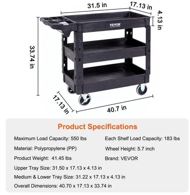 Alt view image 7 of 7 - VEVOR Utility Service Cart, 3 Shelf 550LBS Heavy Duty Plastic Rolling Utility Cart with 360° Swivel Wheels (2 with Brakes), Medium Lipped Shelf, Ergonomic Storage Handle for Warehouse/Garage/Cleaning