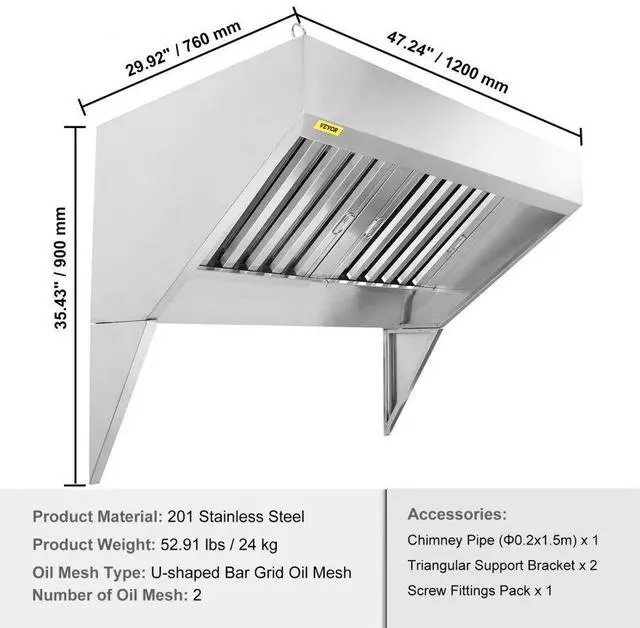 Alt view image 7 of 14 - VEVOR Commercial Exhaust Hood, 4FT Food Truck Hood Exhaust, 201 Stainless Steel Concession Trailer Hood with 2 Detachable U-shaped Grid Oil Filter Mesh, Rust Resistant Vent Hood for Kitchen Restaurant