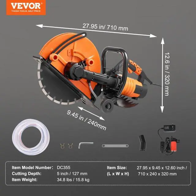 Alt view image 7 of 7 - VEVOR Electric Concrete Saw, 14 in Circular Saw Cutter with 5 in Cutting Depth, Wet/Dry Disk Saw Cutter Includes Water Line, Pump and Blade, for Stone, Brick, Porcelain, Concrete, 3200W/15A Motor