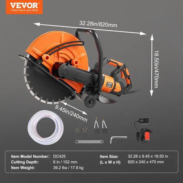 Alt view image 7 of 7 - VEVOR Electric Concrete Saw, 16 in, 3200 W 15 A Motor Circular Saw Cutter with Max. 6 in Adjustable Cutting Depth, Wet Disk Saw Cutter Includes Water Line, Pump and Blade, for Stone, Brick