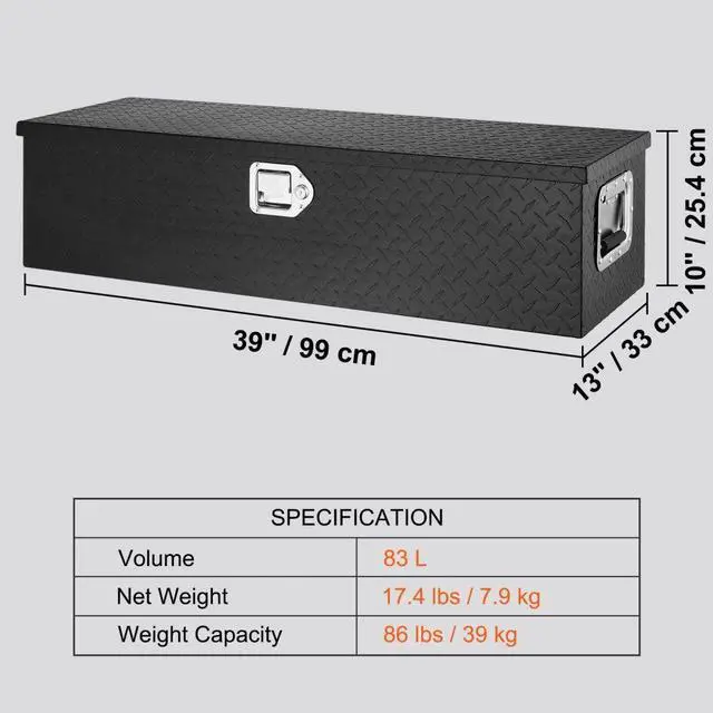 Alt view image 7 of 7 - VEVOR Heavy Duty Aluminum Truck Bed Tool Box, Diamond Plate Tool Box with Side Handle and Lock Keys, Storage Tool Box Chest Box Organizer for Pickup, Truck Bed, RV, Trailer, 39"x13"x10", Black