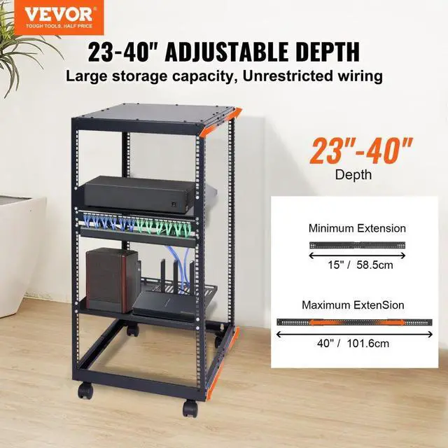Alt view image 4 of 9 - Vevor 20U Open Frame Server Rack  23''-40'' Adjustable Depth  Free Standing Or Wall Mount Network Server Rack  4 Post Av Rack With Casters  Holds All Your Networking It Equipment Av Gear Router Modem