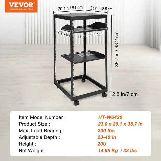 Alt view image 9 of 9 - Vevor 20U Open Frame Server Rack  23''-40'' Adjustable Depth  Free Standing Or Wall Mount Network Server Rack  4 Post Av Rack With Casters  Holds All Your Networking It Equipment Av Gear Router Modem
