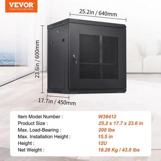 Alt view image 8 of 8 - VEVOR 12U Wall Mount Network Server Cabinet, 15.5'' Deep, Server Rack Cabinet Enclosure, 200 lbs Max. Ground-mounted Load Capacity, with Locking Door Side Panels, for IT Equipment, A/V Devices