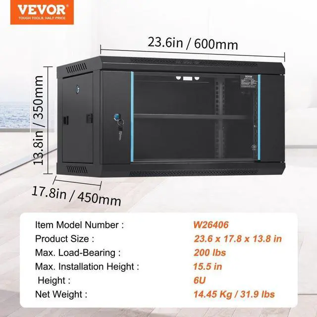 Alt view image 8 of 8 - VEVOR 6U Wall Mount Network Server Cabinet, 15.5'' Deep, Server Rack Cabinet Enclosure, 200 lbs Max. Ground-mounted Load Capacity, with Locking Glass Door Side Panels, for IT Equipment, A/V Devices