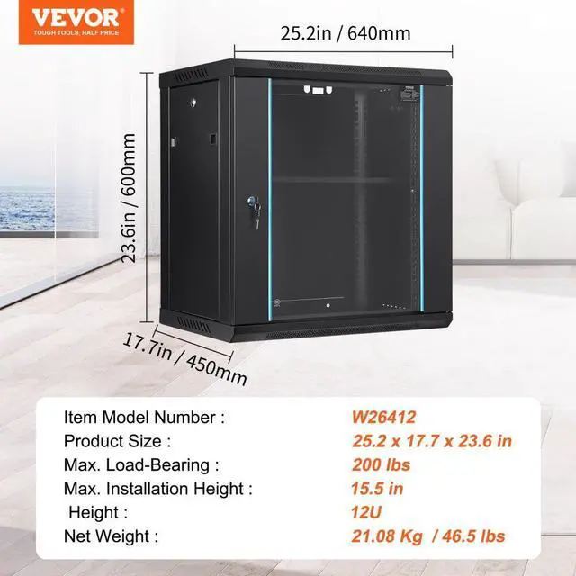 Alt view image 7 of 10 - VEVOR 12U Wall Mount Network Server Cabinet, 15.5'' Deep, Server Rack Cabinet Enclosure, 200 lbs Max. Ground-mounted Load Capacity, with Locking Glass Door Side Panels, for IT Equipment, A/V Devices