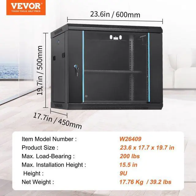 Alt view image 8 of 10 - VEVOR 9U Wall Mount Network Server Cabinet, 15.5'' Deep, Server Rack Cabinet Enclosure, 200 lbs Max. Ground-mounted Load Capacity, with Locking Glass Door Side Panels, for IT Equipment, A/V Devices