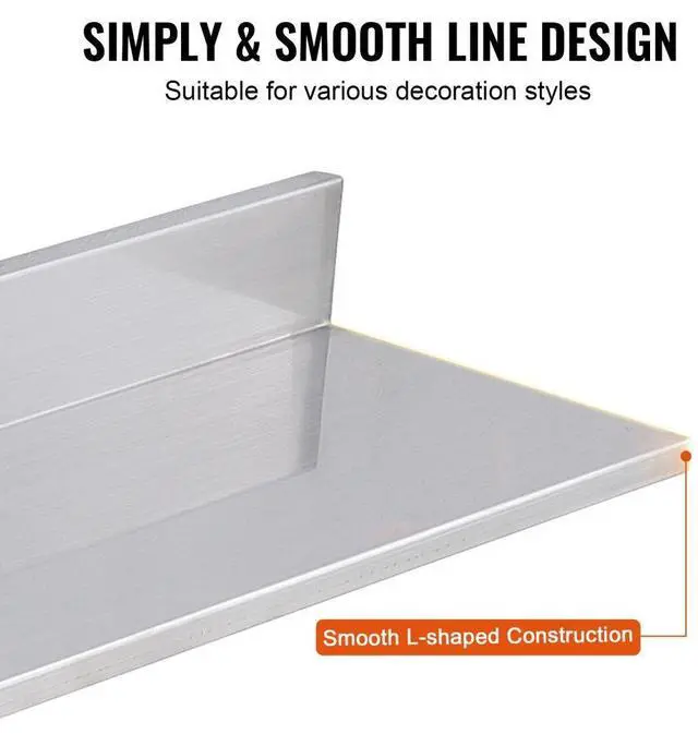 Alt view image 4 of 14 - VEVOR 8.6" x 30" Stainless Steel Shelf, Wall Mounted Floating Shelving with Backsplash, 44 lbs Load Capacity Commercial Shelves, Heavy Duty Storage Rack for Restaurant, Kitchen, Bar, Home, and Hotel