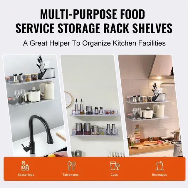 Alt view image 6 of 14 - VEVOR 8.6" x 30" Stainless Steel Shelf, Wall Mounted Floating Shelving with Backsplash, 44 lbs Load Capacity Commercial Shelves, Heavy Duty Storage Rack for Restaurant, Kitchen, Bar, Home, and Hotel