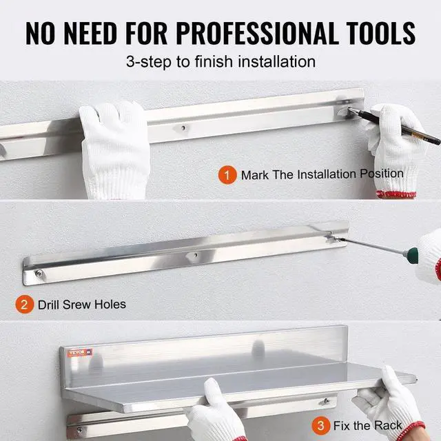 Alt view image 5 of 14 - VEVOR 8.6" x 30" Stainless Steel Shelf, Wall Mounted Floating Shelving with Backsplash, 44 lbs Load Capacity Commercial Shelves, Heavy Duty Storage Rack for Restaurant, Kitchen, Bar, Home, and Hotel