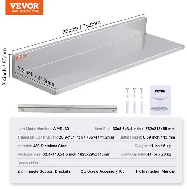 Alt view image 7 of 14 - VEVOR 8.6" x 30" Stainless Steel Shelf, Wall Mounted Floating Shelving with Backsplash, 44 lbs Load Capacity Commercial Shelves, Heavy Duty Storage Rack for Restaurant, Kitchen, Bar, Home, and Hotel
