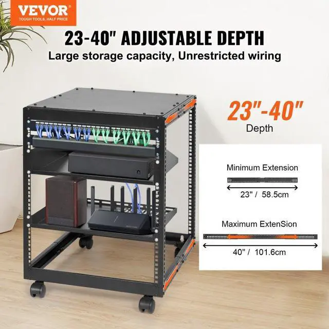 Alt view image 2 of 8 - VEVOR 12U Open Frame Server Rack, 15''-40'' Adjustable Depth, Free Standing or Wall Mount Network Server Rack, 4 Post AV Rack with Casters, Holds All Your Networking IT Equipment AV Gear Router Modem