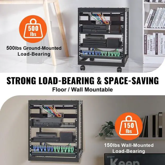 Alt view image 3 of 8 - VEVOR 12U Open Frame Server Rack, 15''-40'' Adjustable Depth, Free Standing or Wall Mount Network Server Rack, 4 Post AV Rack with Casters, Holds All Your Networking IT Equipment AV Gear Router Modem