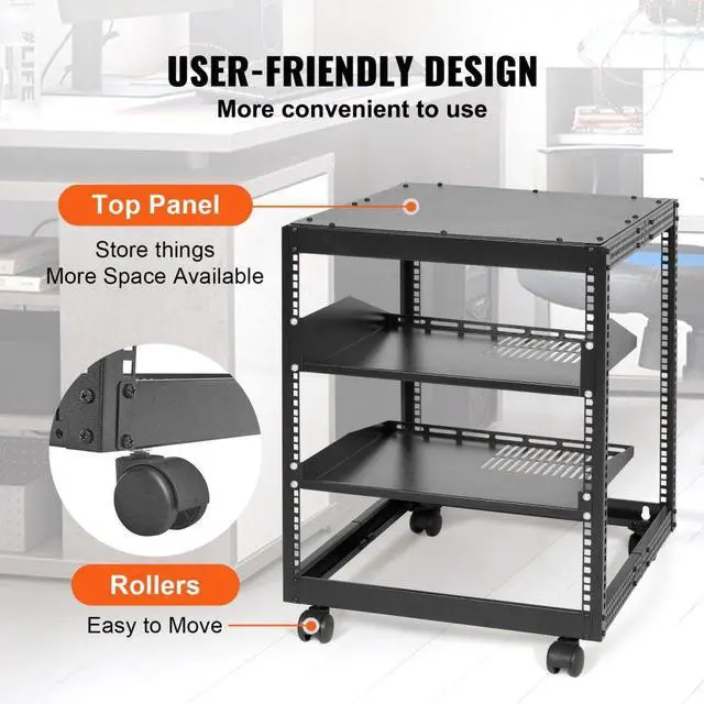 Alt view image 5 of 8 - VEVOR 12U Open Frame Server Rack, 15''-40'' Adjustable Depth, Free Standing or Wall Mount Network Server Rack, 4 Post AV Rack with Casters, Holds All Your Networking IT Equipment AV Gear Router Modem
