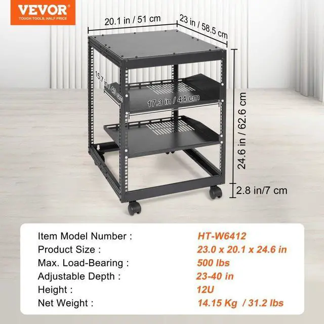 Alt view image 7 of 8 - VEVOR 12U Open Frame Server Rack, 15''-40'' Adjustable Depth, Free Standing or Wall Mount Network Server Rack, 4 Post AV Rack with Casters, Holds All Your Networking IT Equipment AV Gear Router Modem