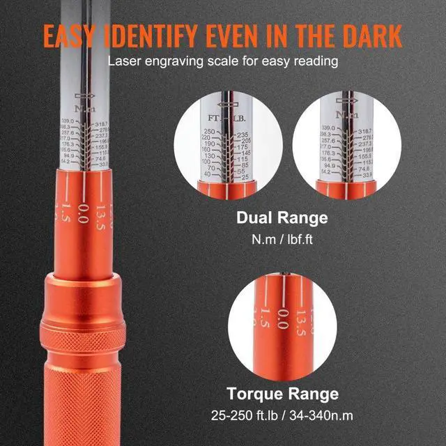 Alt view image 4 of 7 - VEVOR Torque Wrench, 1/2-inch Drive Click Torque Wrench 20-250ft.lb/34-340n.m, Dual-Direction Adjustable Torque Wrench Set, Mechanical Dual Range Scales Torque Wrench Kit with Adapters Extension Rod