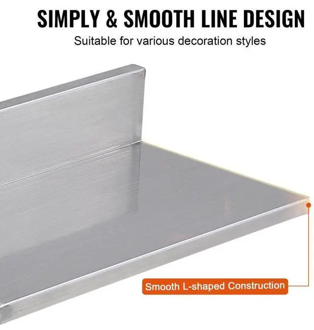 Alt view image 4 of 14 - VEVOR 8.6" x 16" Stainless Steel Shelf, Wall Mounted Floating Shelving with Backsplash, 44 lbs Load Capacity Commercial Shelves, Heavy Duty Storage Rack for Restaurant, Kitchen, Bar, Home, and Hotel