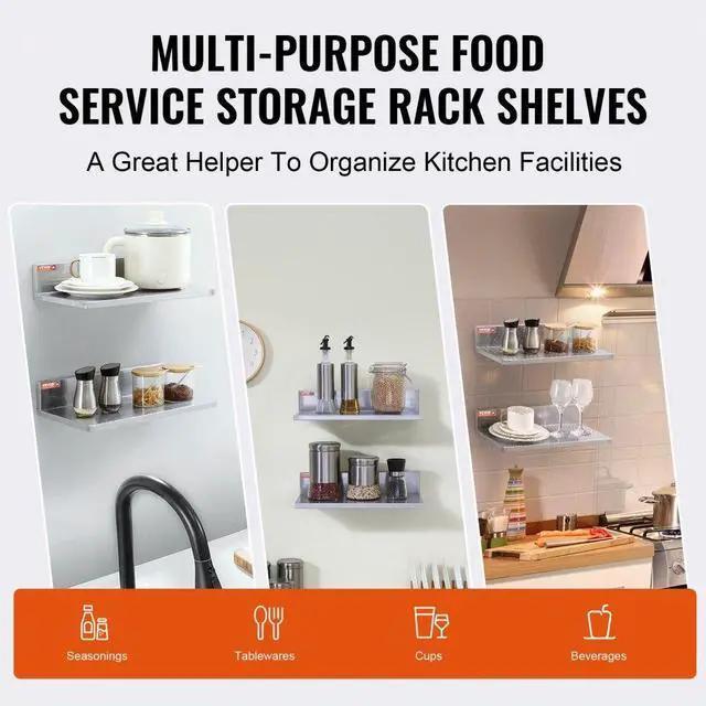 Alt view image 6 of 14 - VEVOR 8.6" x 16" Stainless Steel Shelf, Wall Mounted Floating Shelving with Backsplash, 44 lbs Load Capacity Commercial Shelves, Heavy Duty Storage Rack for Restaurant, Kitchen, Bar, Home, and Hotel